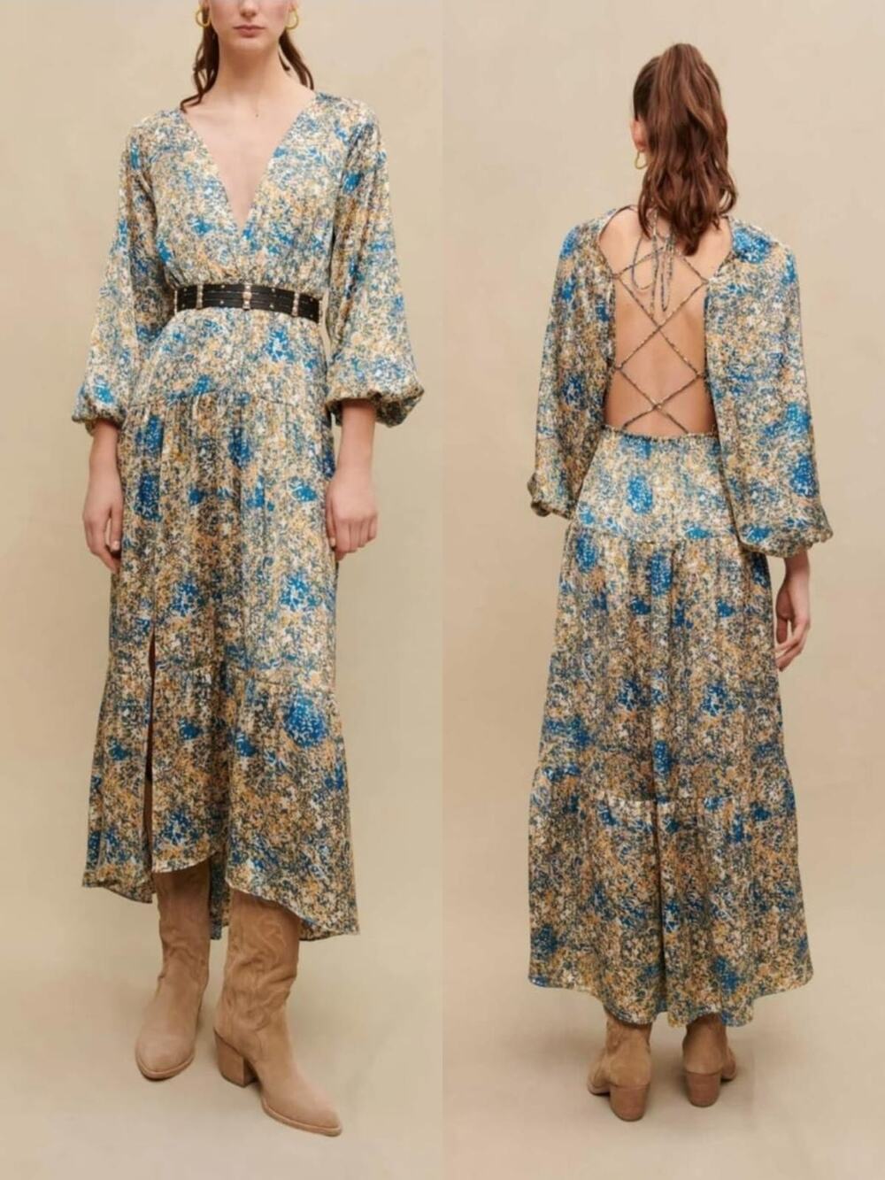 NWT Maje Ritache Abstract Multicolor 3/4 Puff Sleeves Open Back Maxi dress 34